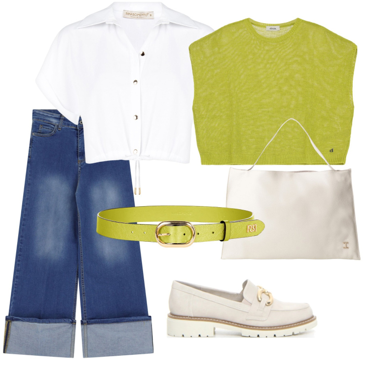 Outfit donna - Lime d\'estate. Stile Casual chic per Tutti i giorni. Abbinamento con camicie a manica corta, cinture, borse a spalla, jeans dritti, maglieria, mocassini.