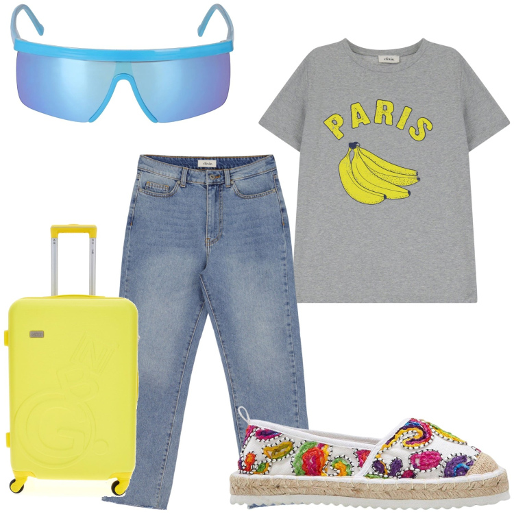 Outfit donna - Vacanza a Parigi. Stile Casual chic per Tutti i giorni. Abbinamento con espadrillas, jeans slim fit, t-shirt, valigie, occhiali da sole.