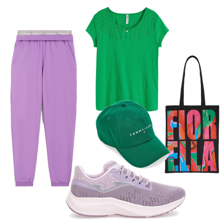 Outfit donna - Lilla e verde al parco. Stile Casual chic per Tutti i giorni. Abbinamento con maglieria, pantaloni, sneakers, borse tote, cappelli.