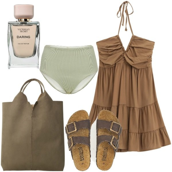 Outfit donna - Estate in Provenza. Stile Etnico per Mare. Abbinamento con profumi, vestiti corti, shopping bag, ciabatte, bikini.