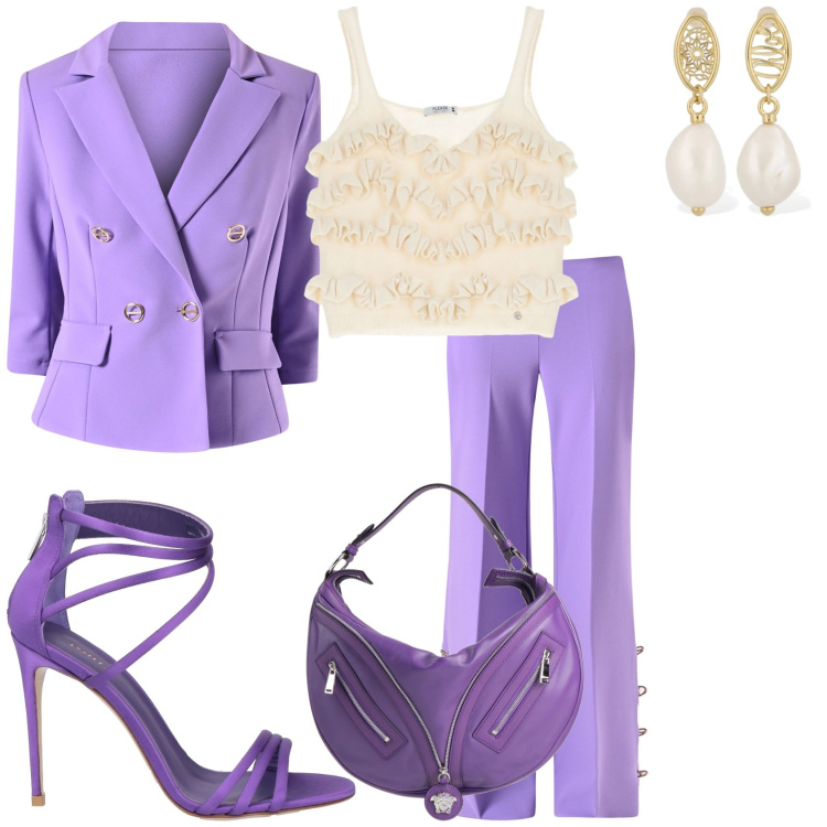 Outfit donna - Cerimonia in lilla. Stile Chic per Cerimonia. Abbinamento con sandali in pelle, borse a mano, pantaloni a palazzo, blazer, top, orecchini.