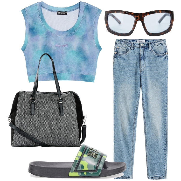 Outfit donna - Spesa veloce. Stile Basic per Tutti i giorni. Abbinamento con borse a mano, jeans dritti, occhiali da sole, top, ciabatte.