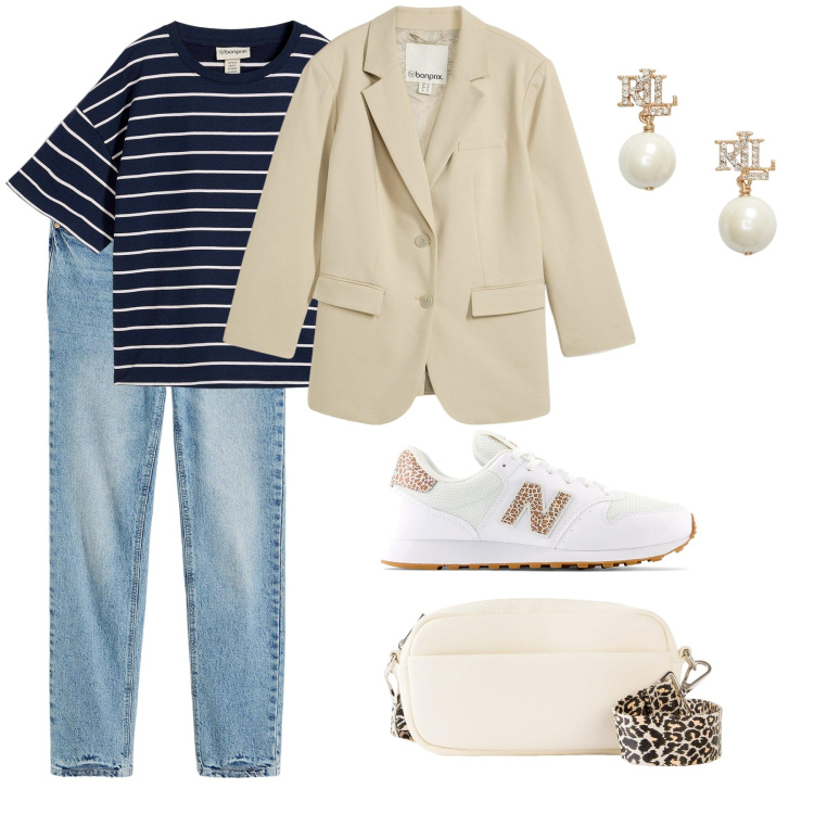 Outfit donna - Total look #2178204. Stile Casual chic per Ufficio. Abbinamento con borse a tracolla, blazer, jeans dritti, t-shirt, orecchini, sneakers.