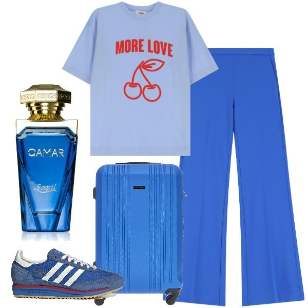 Outfit donna - Acquisti al Duty. Stile Trendy per Tutti i giorni. Abbinamento con profumi, pantaloni, t-shirt, valigie, sneakers.