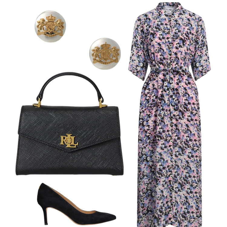 Outfit donna - Colloquio lavorativo. Stile Chic per Ufficio. Abbinamento con vestiti lunghi, orecchini, borse a mano, décolleté.