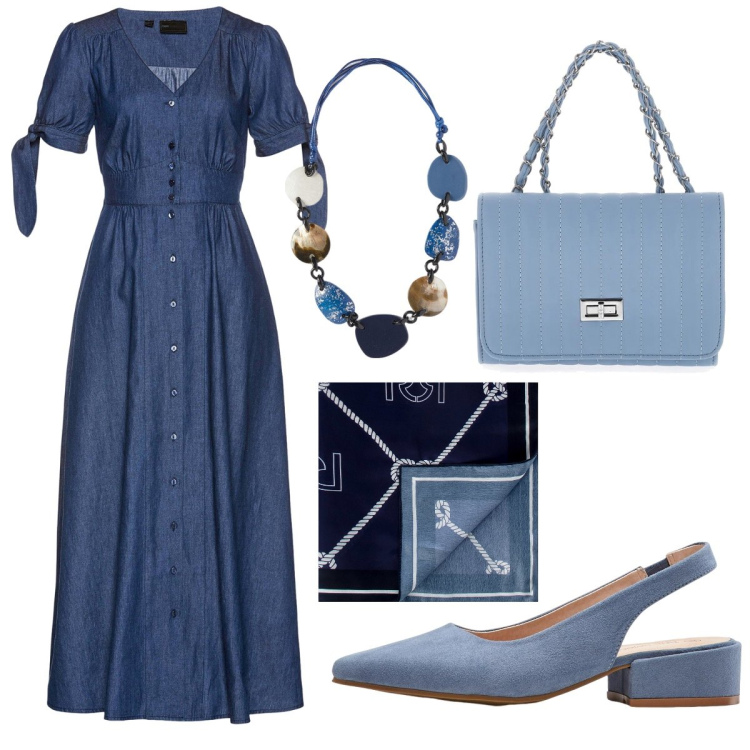 Outfit donna - L’abito lungo in denim. Stile Bon Ton per Ufficio. Abbinamento con vestiti, décolleté, foulard, collane, borse a tracolla.