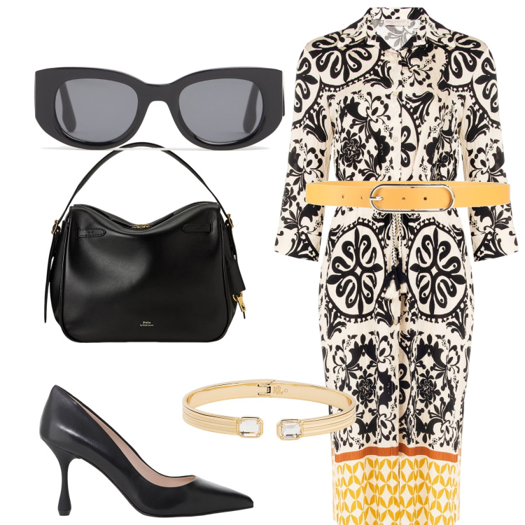 Outfit donna - Quando l abito fa il look. Stile Chic per Ufficio. Abbinamento con cinture, vestiti chemisier, décolleté, borse a mano, braccialetti, occhiali da sole.