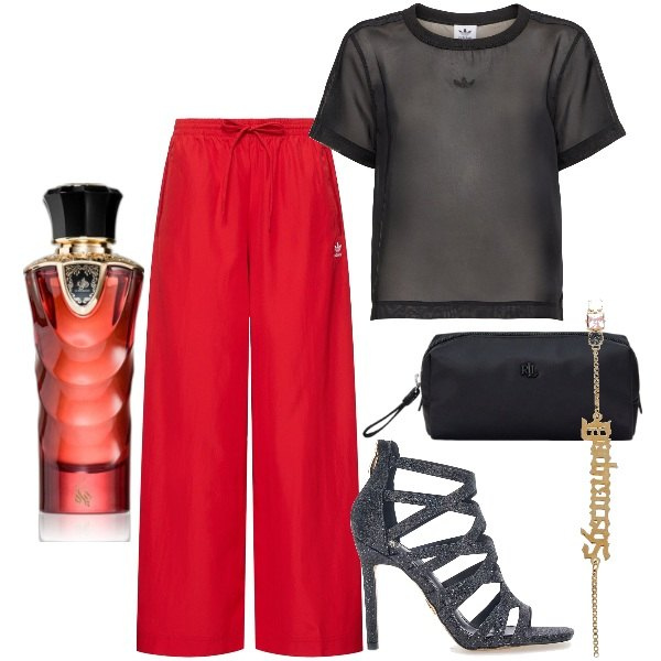 Outfit donna - Sporty. Stile Sporty chic per Serata fuori. Abbinamento con orecchini, profumi, pochette, pantaloni, sandali col tacco, t-shirt.