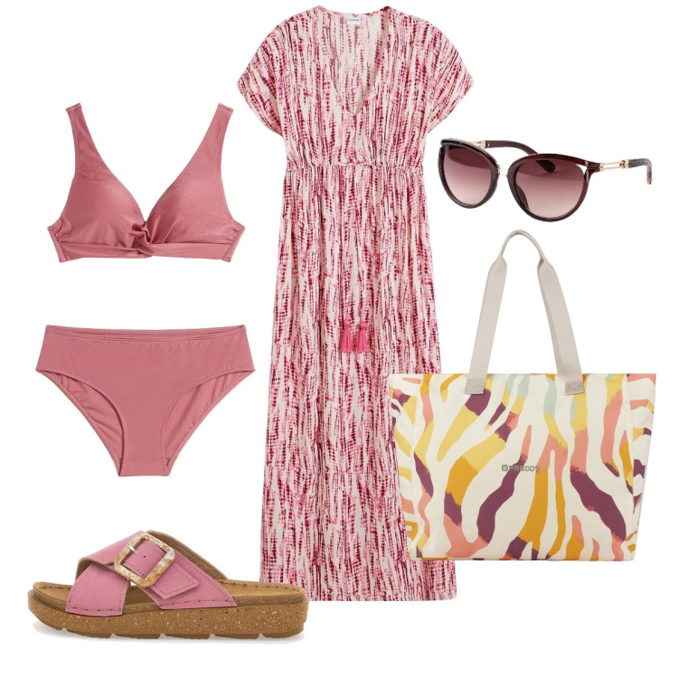 Outfit donna - Pronta per la spiaggia. Stile Bon Ton per Mare. Abbinamento con vestiti lunghi, occhiali da sole, bikini, shopping bag, ciabatte.