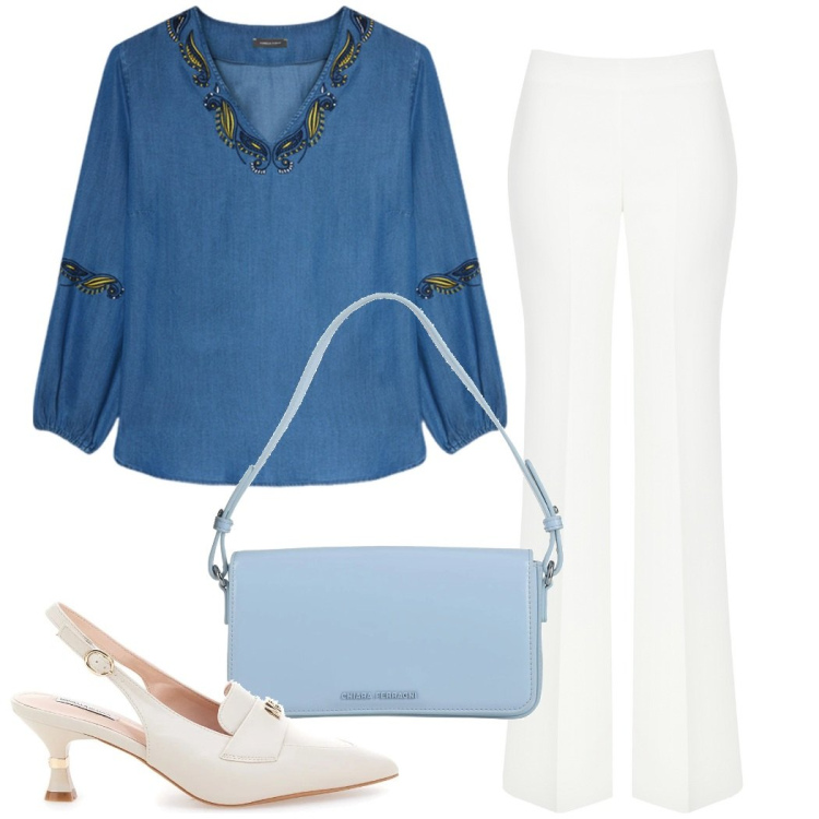 Outfit donna - Total look #2178227. Stile Casual chic per Ufficio. Abbinamento con borse a mano, pantaloni a palazzo, bluse, décolleté.