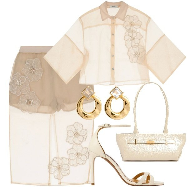 Outfit donna - Trasparenze raffinate. Stile Vintage retrò per Cerimonia. Abbinamento con gonne, camicie, sandali col tacco, borse a spalla, orecchini.