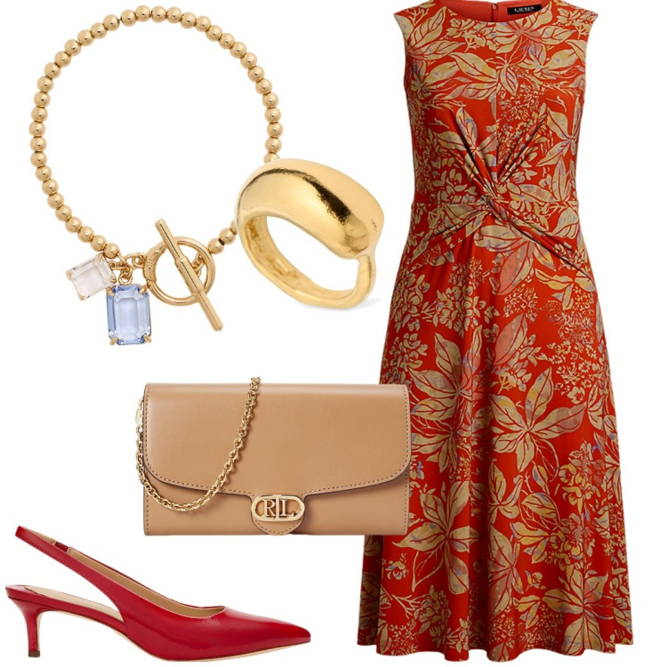 Outfit donna - Rosso passione. Stile Chic per Cerimonia. Abbinamento con braccialetti, vestiti, décolleté, borse a tracolla, anelli.