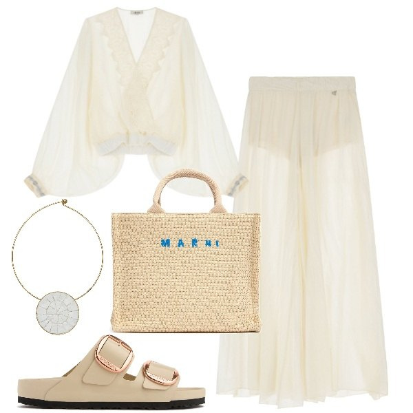 Outfit donna - Trasparenze etniche. Stile Etnico per Mare. Abbinamento con collane, bluse, pantaloni, shopping bag, sandali in pelle.
