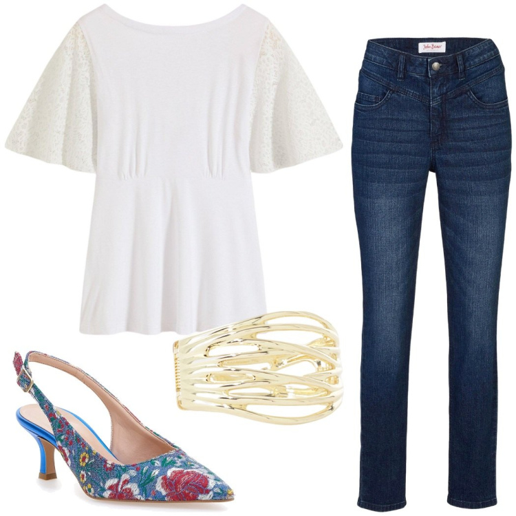 Outfit donna - Total look #2178232. Stile Casual chic per Ufficio. Abbinamento con jeans skinny, bluse, braccialetti, décolleté.