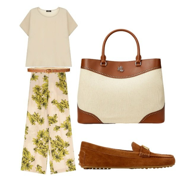 Outfit donna - vanessa. Stile Urban per Ufficio. Abbinamento con pantaloni, t-shirt, mocassini, borse a mano, cinture.