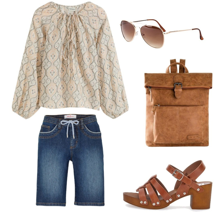 Outfit donna - Total look #2178235. Stile Boho per Tutti i giorni. Abbinamento con occhiali da sole, zaini, bermuda, tuniche, zoccoli.