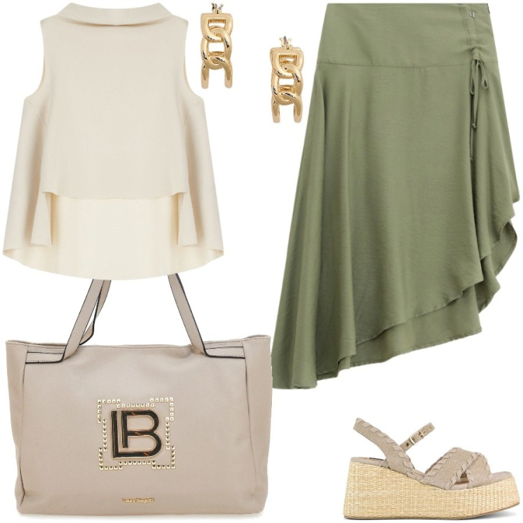 Outfit donna - Gonna e top assimetrici. Stile Casual chic per Ufficio. Abbinamento con top, gonne, orecchini, zeppe, borse a spalla.