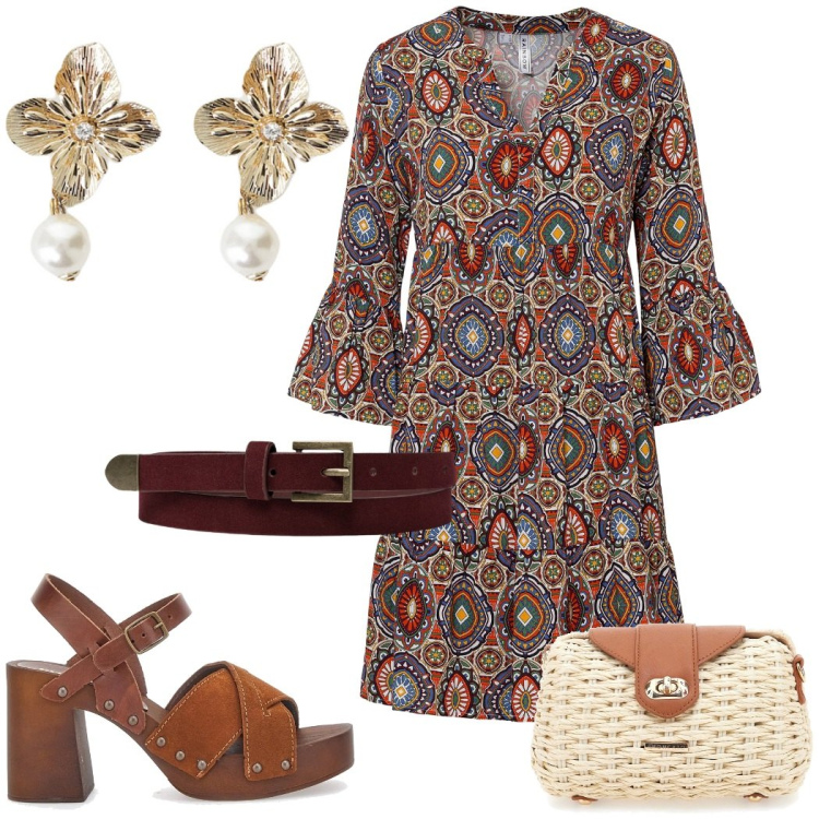 Outfit donna - Etnico chic. Stile Etnico per Tutti i giorni. Abbinamento con vestiti corti, orecchini, zoccoli, borse a tracolla, cinture.