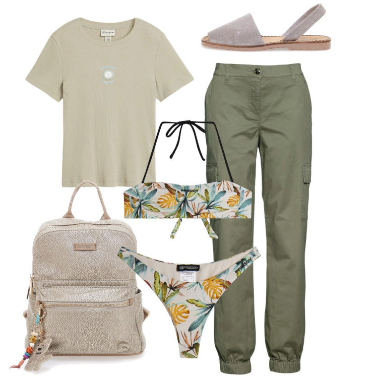 Outfit donna - Il bikini sempre pronto. Stile Casual per Mare. Abbinamento con pantaloni cargo, t-shirt, bikini, bikini, sandali, zaini.