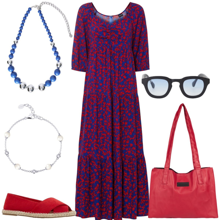 Outfit donna - Passeggiata. Stile Boho per Tutti i giorni. Abbinamento con espadrillas, vestiti lunghi, braccialetti, occhiali da sole, shopping bag, collane.
