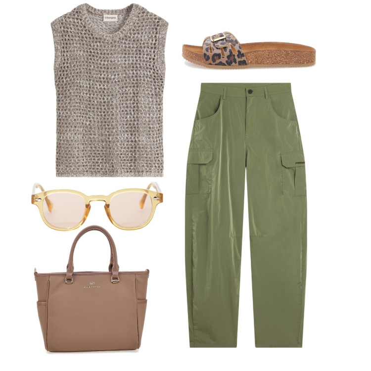 Outfit donna - Weekend. Stile Casual per Tutti i giorni. Abbinamento con top, occhiali da sole, pantaloni cargo, ciabatte, borse a tracolla.