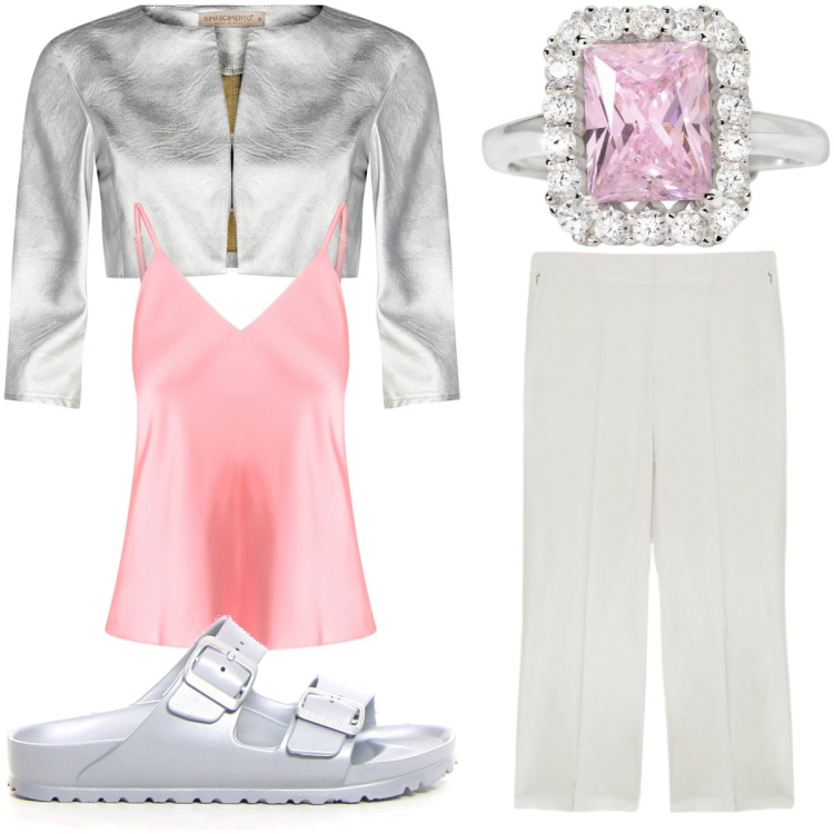Outfit donna - Un tocco di cipria. Stile Casual chic per Tutti i giorni. look ideale per Tall. Abbinamento con anelli, bolero, top, pantaloni, ciabatte.