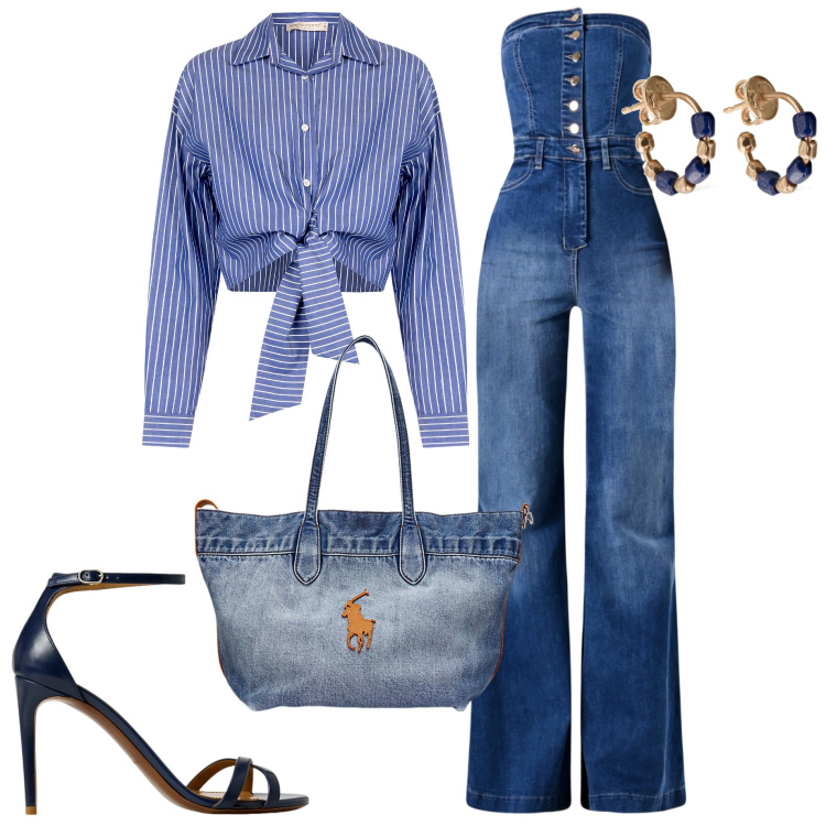 Outfit donna - Sporty chic. Stile Sporty chic per Serata fuori. Abbinamento con tute, camicie, sandali col tacco, borse tote, orecchini.