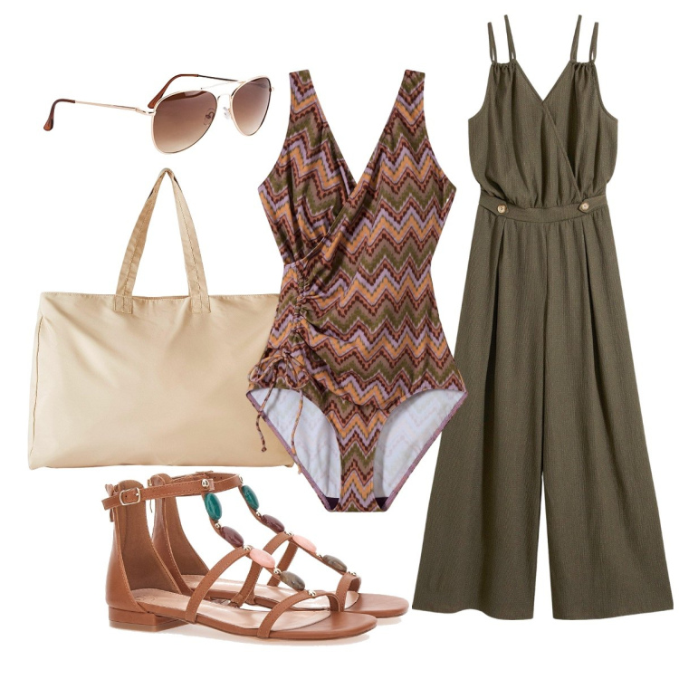 Outfit donna - Il costume intero stile Missoni. Stile Etnico per Mare. Abbinamento con occhiali da sole, tute, costumi interi, shopping bag, sandali gioiello.