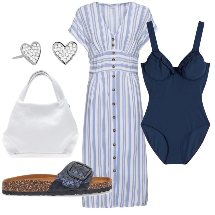Outfit donna - Il costume minimizer blu. Stile Bon Ton per Mare. Abbinamento con vestiti, costumi interi, orecchini, ciabatte, borse a spalla.