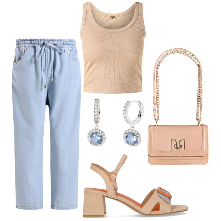 Outfit donna - Jeans palazzo e top lurex. Stile Casual chic per Tutti i giorni. Abbinamento con orecchini, pantaloni, borse a tracolla, canottiere, sandali col tacco.