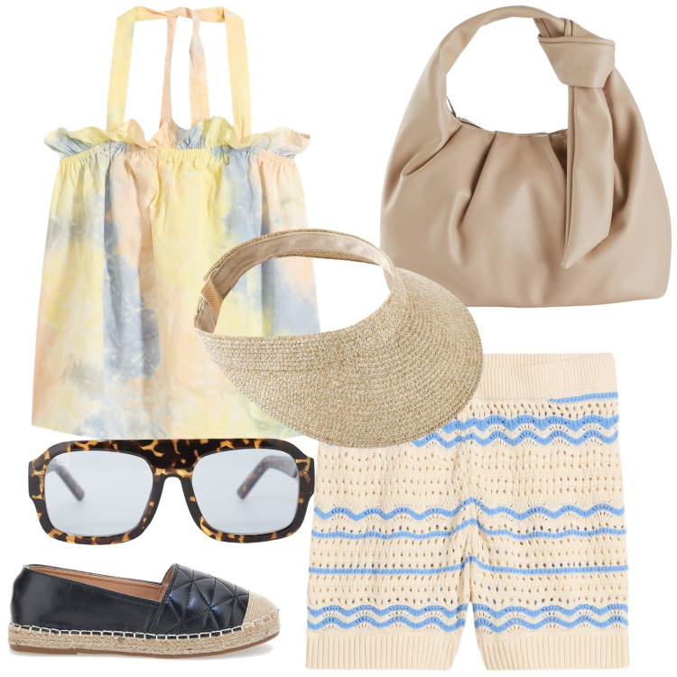 Outfit donna - Passeggiata estiva. Stile Preppy per Tutti i giorni. Abbinamento con borse a mano, cappelli con visiera, shorts, top, occhiali da sole, espadrillas.