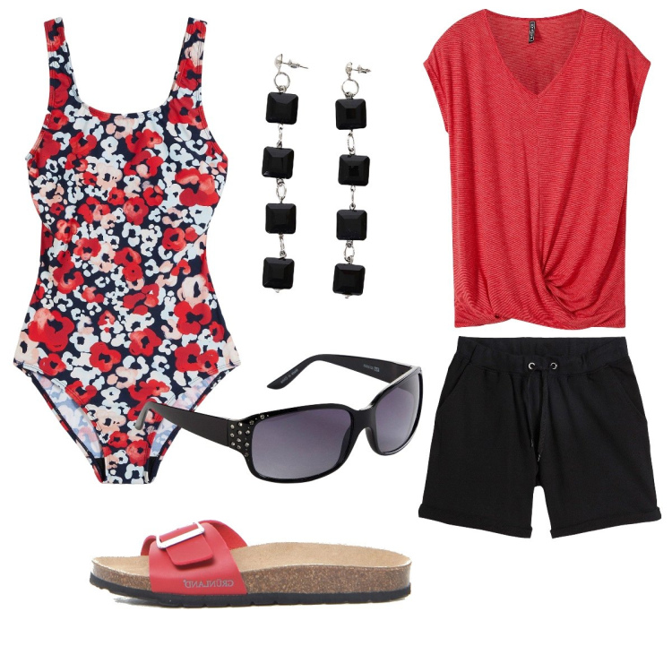 Outfit donna - Il costume intero con i papaveri. Stile Casual per Mare. Abbinamento con maglieria, costumi interi, shorts, occhiali da sole, orecchini, ciabatte.