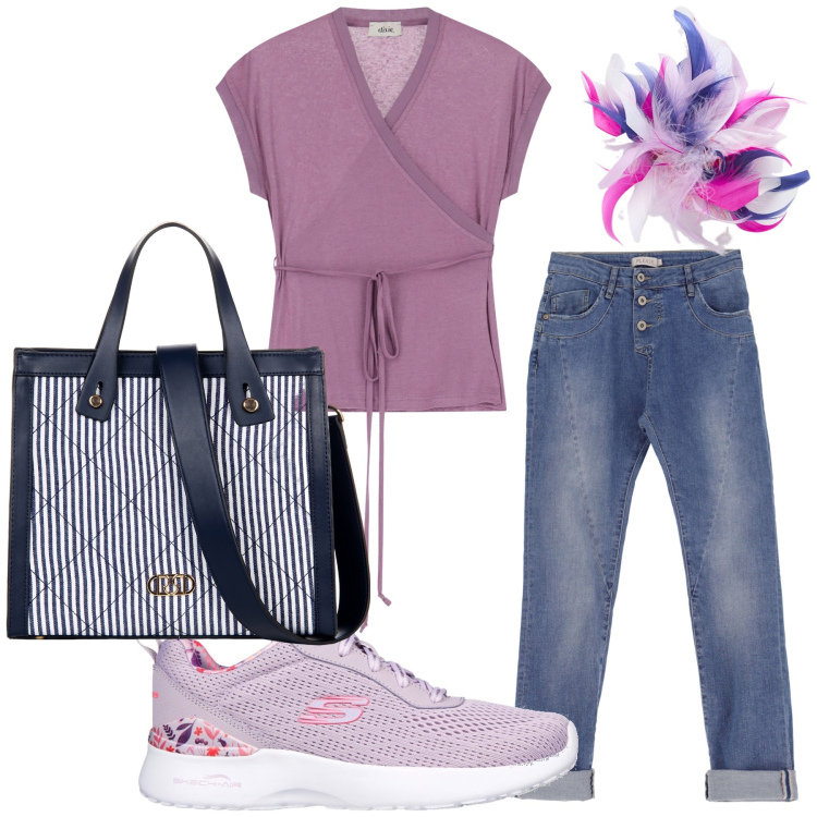 Outfit donna - Estate in campagna. Stile Sporty chic per Tutti i giorni. Abbinamento con shopping bag, jeans slim fit, top, sneakers, accessori per capelli.