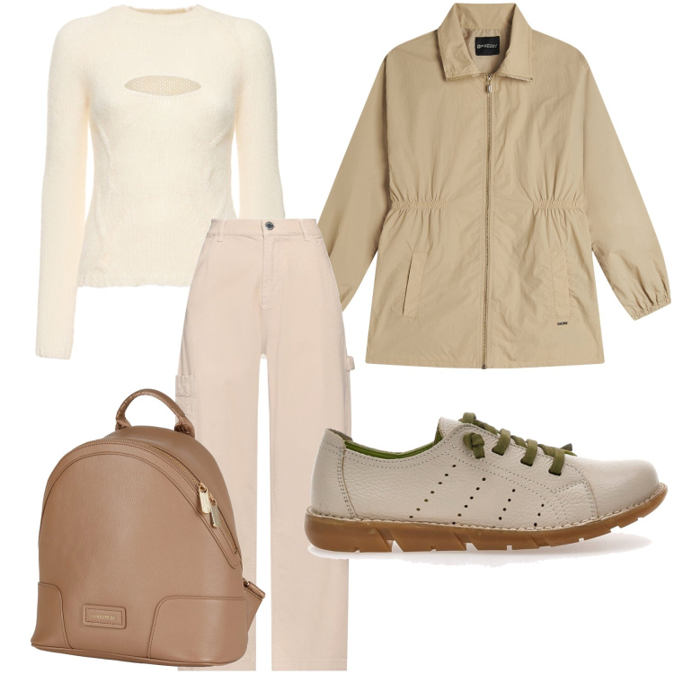Outfit donna - Estate in montagna. Stile Trendy per Tutti i giorni. Abbinamento con pantaloni cargo, zaini, parka, scarpe stringate, maglieria.