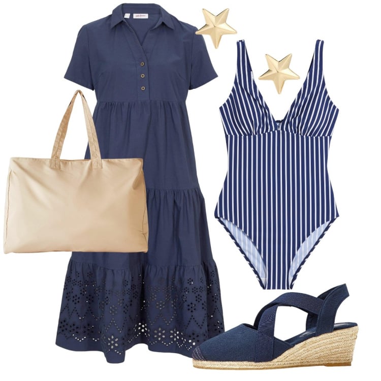 Outfit donna - Il costume intero a righe. Stile Bon Ton per Mare. Abbinamento con vestiti, shopping bag, sandali col tacco, costumi interi, orecchini.