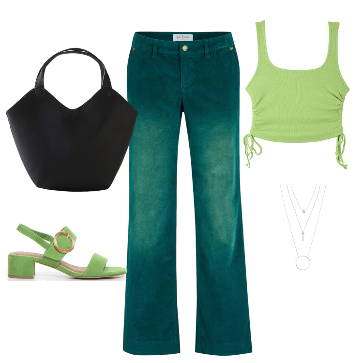 Outfit donna - Look estivo. Stile Casual per Serata fuori. Abbinamento con pantaloni, ciondoli, borse a mano, top, sandali col tacco.