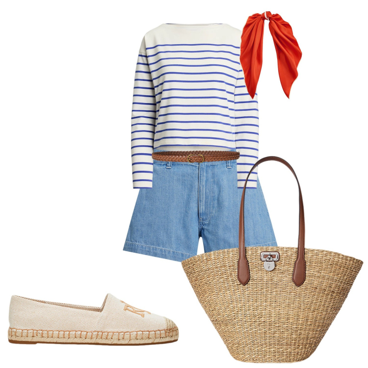 Outfit donna - Summer in the city. Stile Casual per Tutti i giorni. Abbinamento con cinture, foulard, espadrillas, borse tote, shorts, t-shirt.