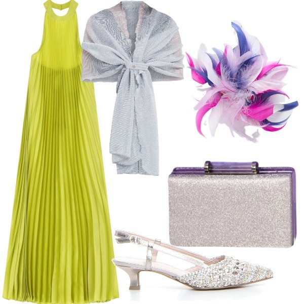 Outfit donna - Speciale Verde Lime. Stile Chic per Cerimonia. Abbinamento con stole, pochette, vestiti lunghi, sandali col tacco, accessori per capelli.