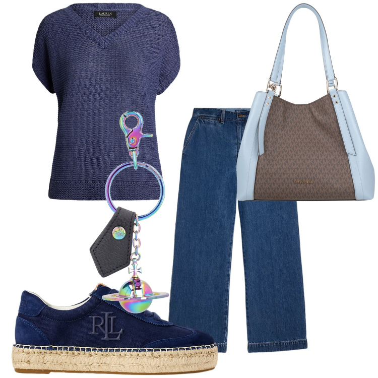 Outfit donna - Cena in campagna. Stile Casual chic per Serata fuori. Abbinamento con borse a mano, maglieria, jeans, sneakers, portachiavi.