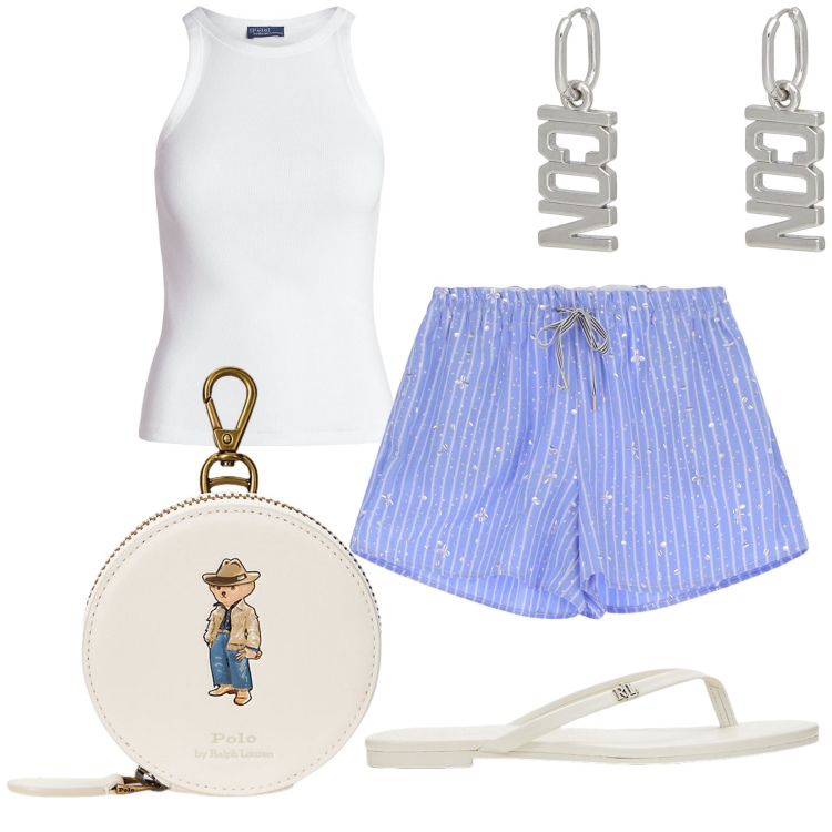 Outfit donna - Cena a casa. Stile Basic per Tutti i giorni. Abbinamento con orecchini, shorts, canottiere, portamonete, ciabatte.