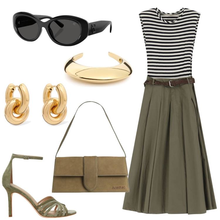 Outfit donna - Righe. Stile Vintage retrò per Tutti i giorni. Abbinamento con borse a mano, vestiti midi/longuette, occhiali da sole, sandali in pelle, orecchini, braccialetti.