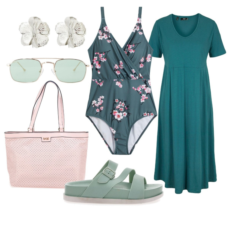Outfit donna - Ci vediamo in spiaggia. Stile Bon Ton per Mare. Abbinamento con costumi interi, vestiti midi/longuette, occhiali da sole, orecchini, ciabatte, borse a spalla.