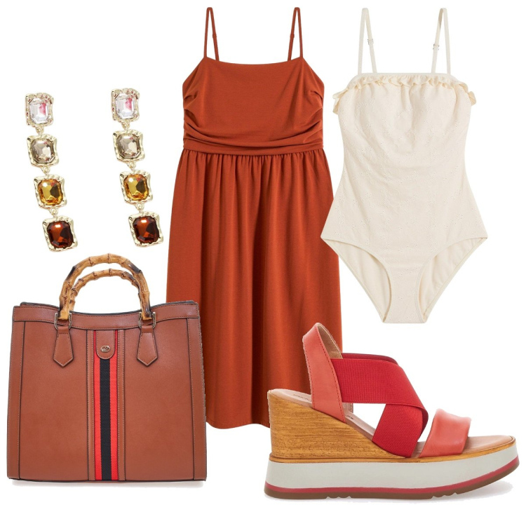 Outfit donna - Bagno di mezzanotte. Stile Bon Ton per Serata fuori. Abbinamento con costumi interi, vestiti, orecchini, sandali, borse a tracolla.