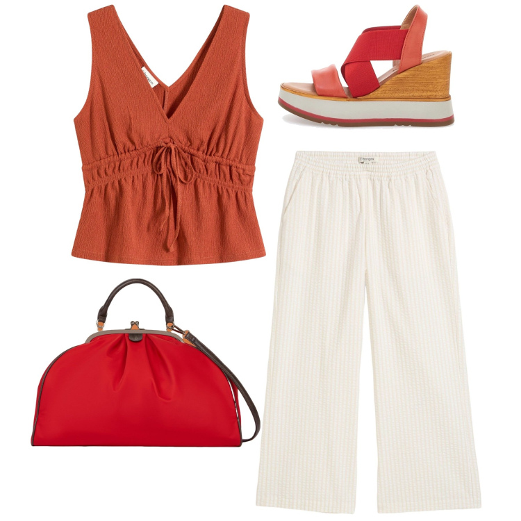 Outfit donna - Rosso. Stile Bon Ton per Tutti i giorni. Abbinamento con top, pantaloni a palazzo, sandali, borse a spalla.