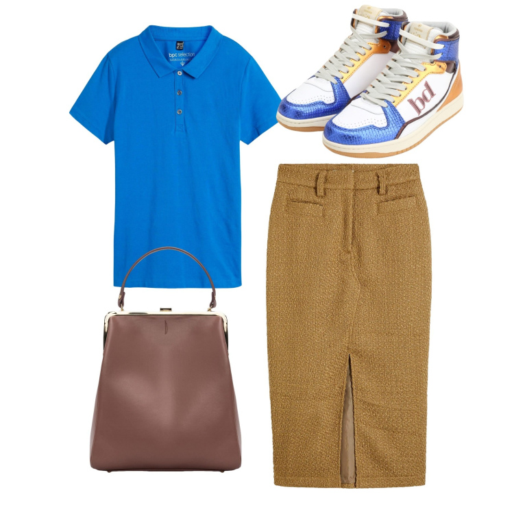 Outfit donna - Camminare. Stile Basic per Tutti i giorni. Abbinamento con gonne longuette, polo, sneakers alte, borse a spalla.