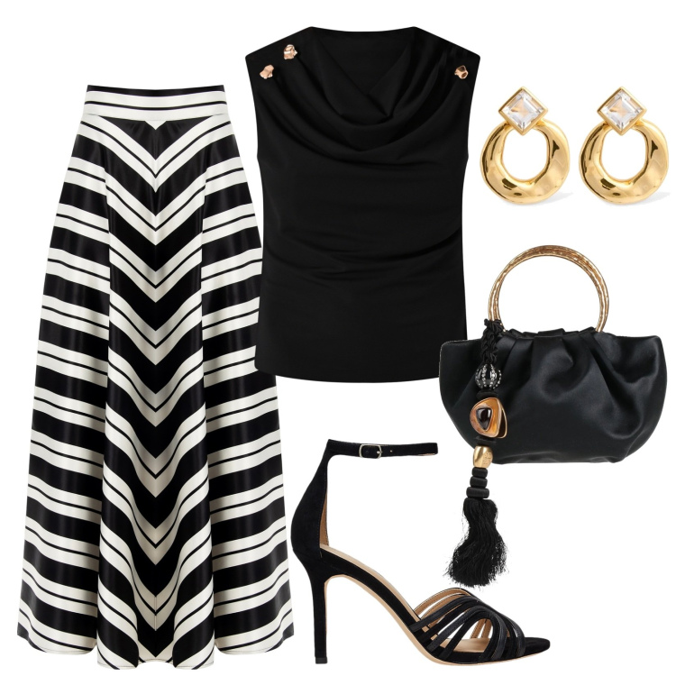 Outfit donna - Serata evento. Stile Chic per Cerimonia. Abbinamento con borse a mano, gonne, top, sandali in pelle, orecchini.