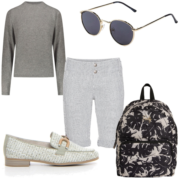 Outfit donna - Le sere ancora fresche. Stile Trendy per Tutti i giorni. Abbinamento con pantaloni corti, occhiali da sole, zaini, pullovers, mocassini.