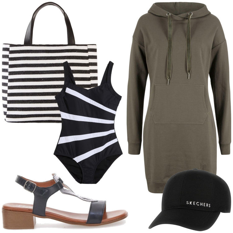 Outfit donna - Serata ventosa. Stile Casual per Mare. Abbinamento con vestiti, costumi interi, borse a mano, sandali in pelle, cappelli.