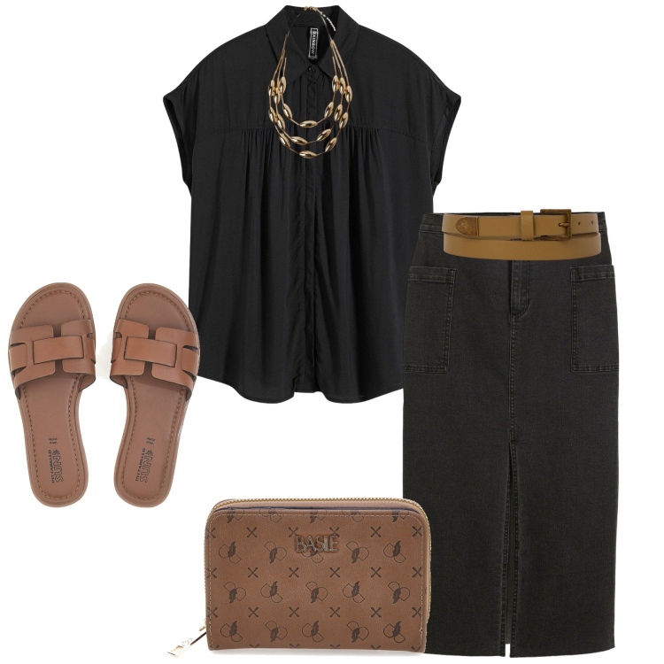 Outfit donna - Nero e cuoio. Stile Casual per Tutti i giorni. Abbinamento con gonne longuette, camicie a manica corta, portafogli, cinture, ciabatte, collane.
