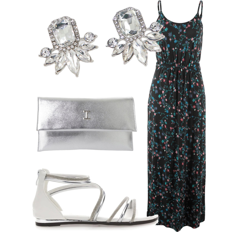 Outfit donna - Fiori d argento. Stile Glamour per Serata fuori. Abbinamento con vestiti lunghi, pochette, orecchini, sandali.